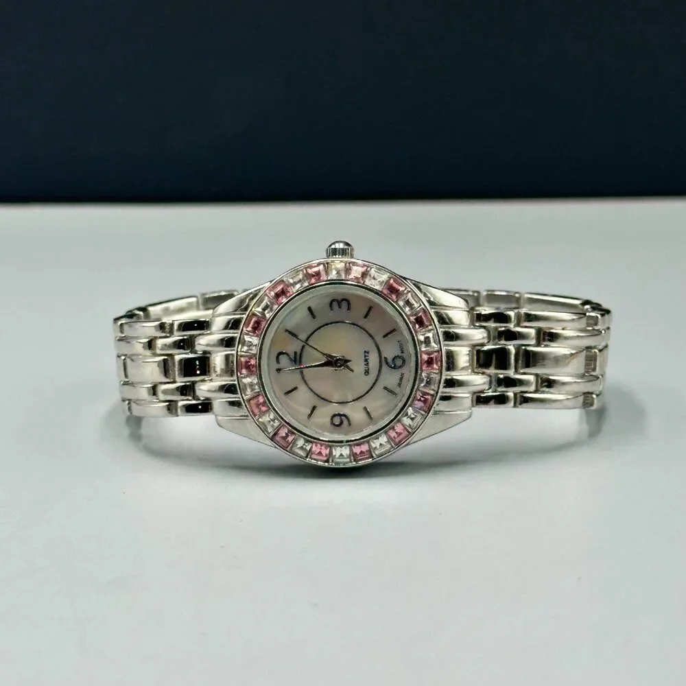 M. Z. Berger Watch Women Silver Tone Pink White Crystal Bezel New Battery